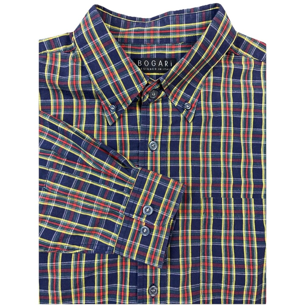 Bogari Designed in Italy Men L Long Sleeve Button Down Shirt Plaid Multicolor